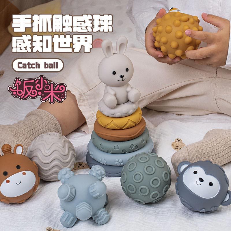 Baby Rice Cereal Toy Soft Rubber Cube Stacking Blocks, Sensory Ball Stacking Toy for Babies