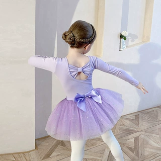舞蹈服儿童纯棉女童练功服舞蹈亮片裙紫色分体套装跳舞裙秋冬长袖