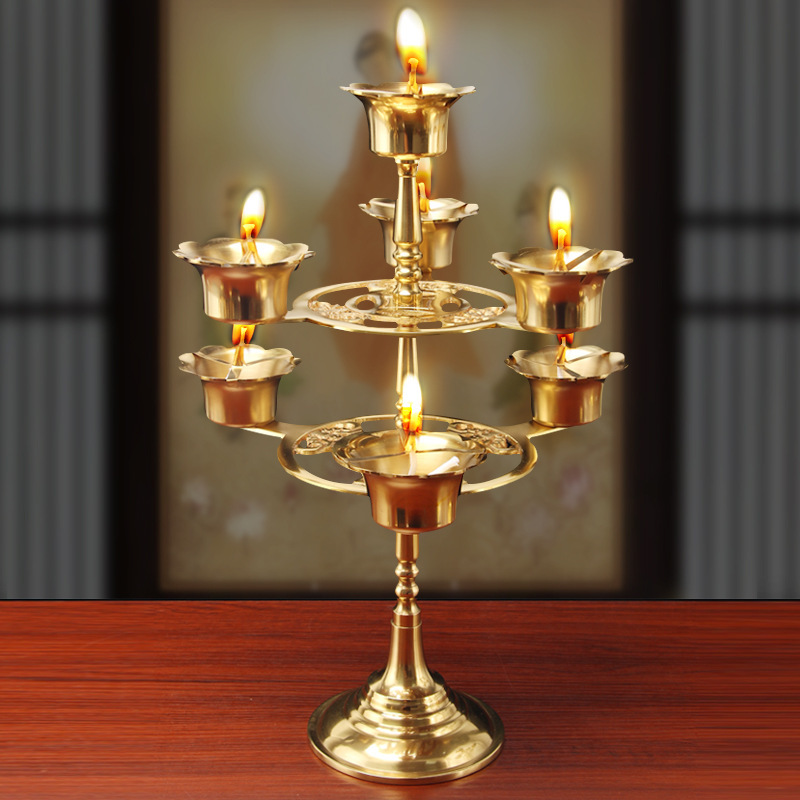 Brass Seven-Star Candlestick Oil Lamp Everlasting Lamp Seven-Star Lamp Stand Liquid Ghee Lamp Holder Candle Holder Buddhist Supplies