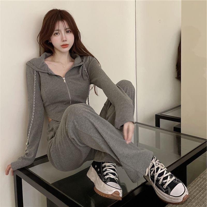 Sports suit women's 2023 Spring and Autumn new long-sleeved cardigan irregular sweater high waist casual wide-leg pants two-piece set Sports suit women's 2023 Spring and Autumn new long-sleeved cardigan irregular sweater high waist casual wide-leg pants two-piece set