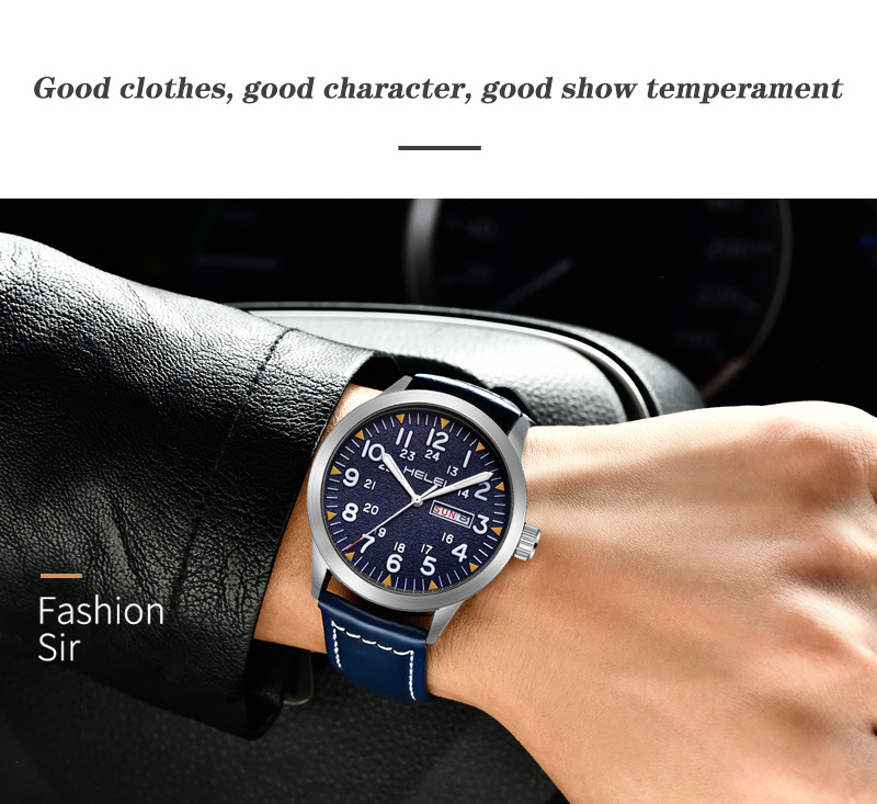 New Brand HELEI Men's Watch Genuine Leather Waterproof Luminous Wrist Watch Quartz Watch Calendar Week Display_voghion.com