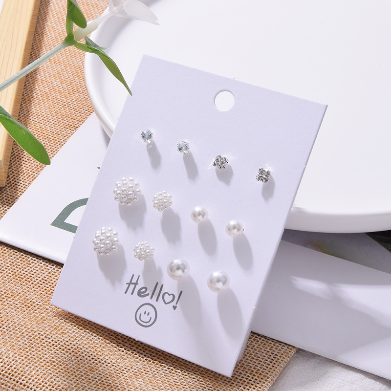 Korean fashion flower bow 6 pairs of earrings set new pearl earrings