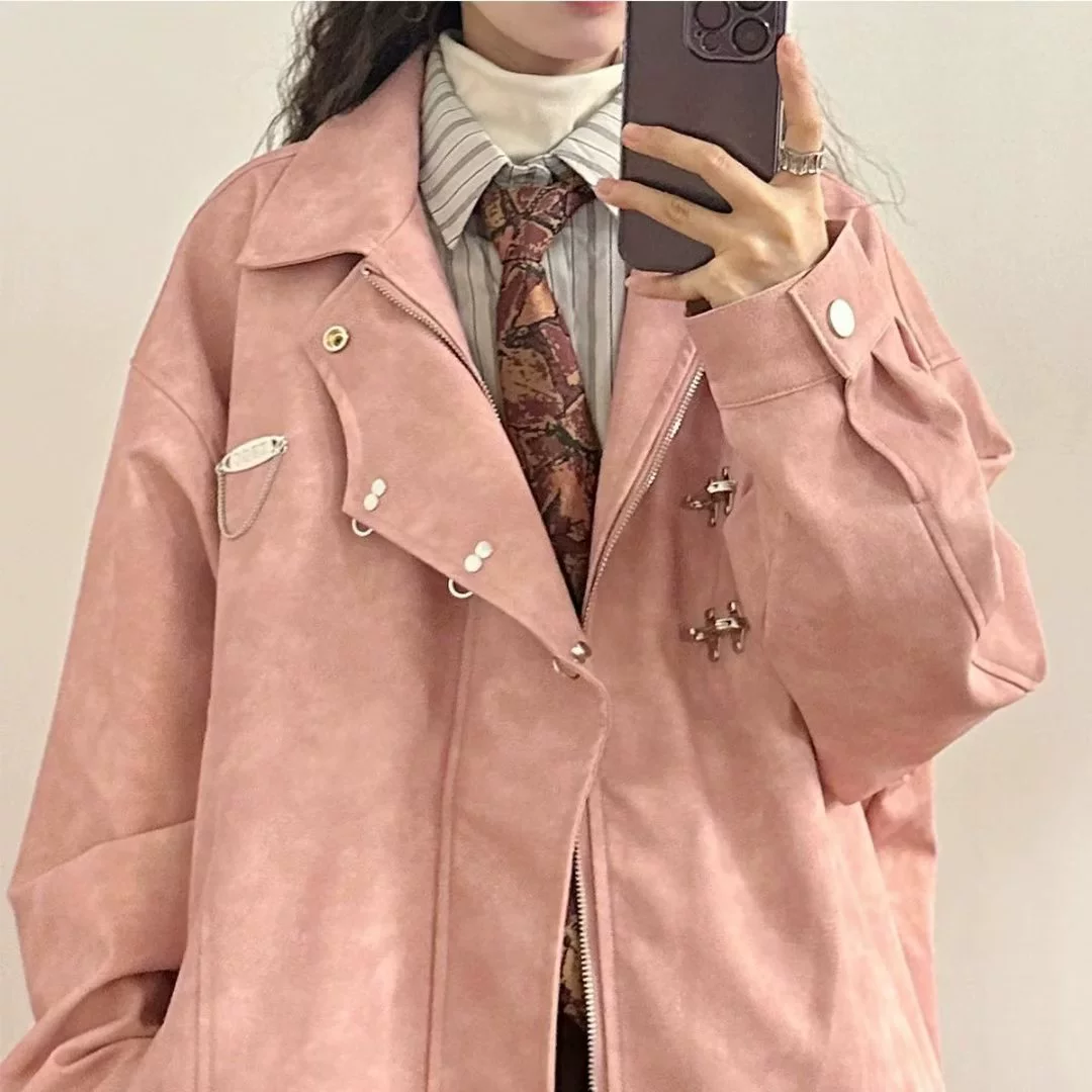 Металлическое ретро плащ-д coat для учеников начальной школы, сексуальная фуксия стирающее порошок, 2023, осень, американский стиль