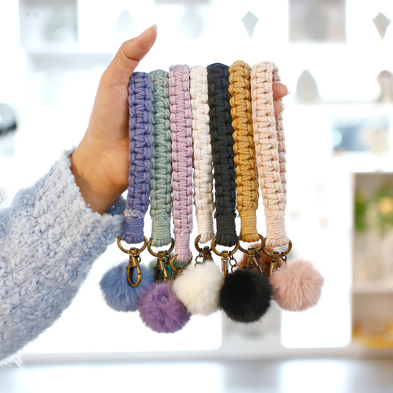 New Fur Ball Wrist Strap Keychain, Personalized and Cute Niche Ins Style High-End Hand-Woven Key Pendant