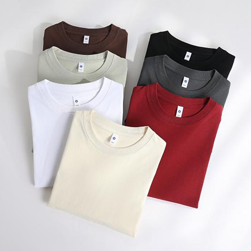 250g pesado 32 hilo doble algodón suelto fuera del hombro cuello redondo hombres manga corta Camiseta de algodón color sólido todo partido superior
