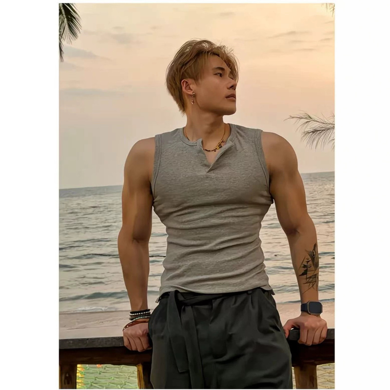 Directly supplied from the source factory, men's henley collar sleeveless ribbed stretchy fitness training sports top Directly supplied from the source factory, men's henley collar sleeveless ribbed stretchy fitness training sports top
