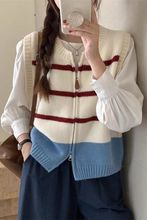 条纹双拉链针织开衫马甲女2025春秋宽松圆领无袖毛衣背心坎肩外套