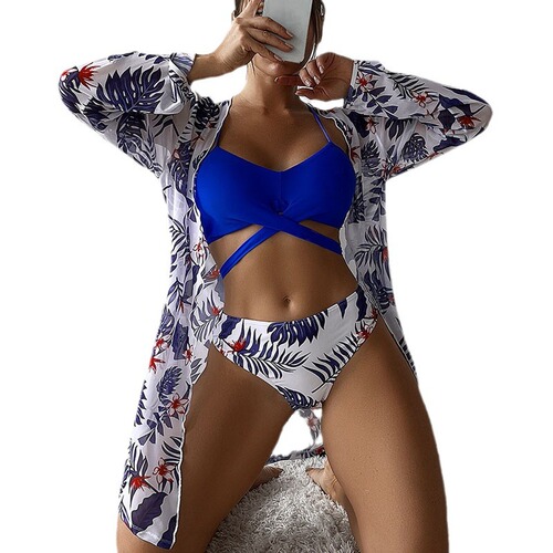 2024 New European and American Style Three-Piece Chiffon Floral Kimono Open-Front Long-Sleeve Swimsuit Cover-Up Bikini for Women