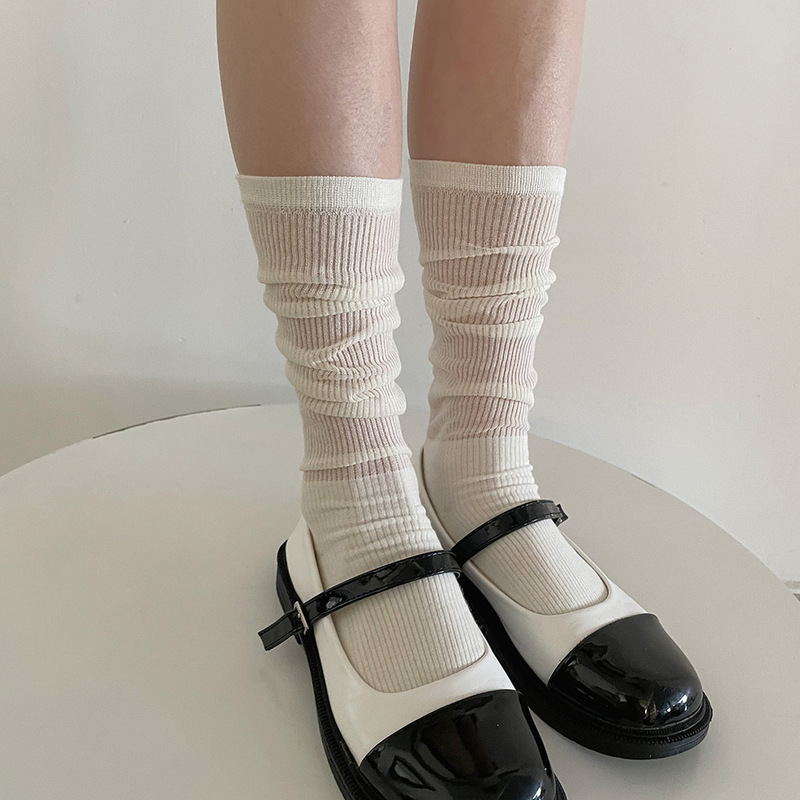 Spring and summer stitching knitted pile socks women's milk white miu wind ins tide socks show thin through the calf socks