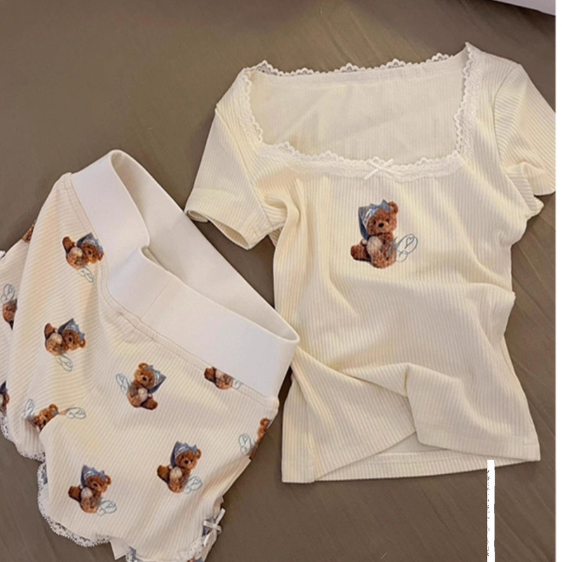 Summer New Style Ice Silk Ribbed Pure Lust Style Short-Sleeved Shorts Cartoon Sexy Pajamas for Women Removable Set with Breast Pads Summer New Style Ice Silk Ribbed Pure Lust Style Short-Sleeved Shorts Cartoon Sexy Pajamas for Women Removable Set with Breast Pads