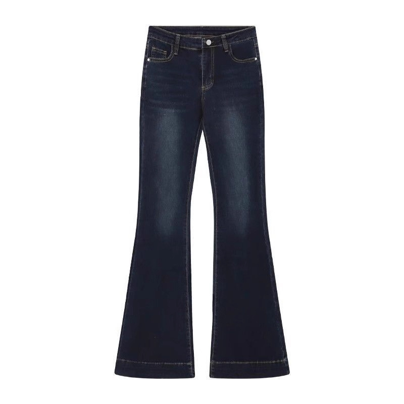 Women's Extra Long Flared Jeans 175 Cm Tall Dark Blue Low Waisted Slim Fit Stretchy Floor Length_voghion.com