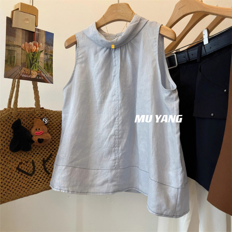 Designer Style! Ramie Unique Collar Elegant Linen Vest Women's A-Line Sleeveless Shirt