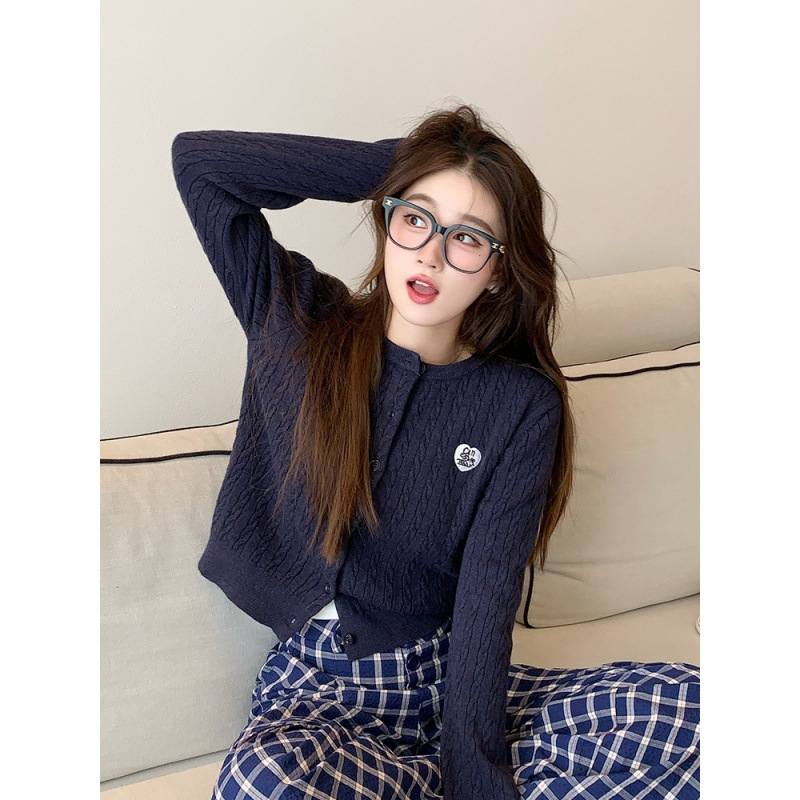Blue Knitted Cardigan for Women 2025 New Autumn and Winter Embroidered Jacket with Braided Pattern Miu Style Outfit Top