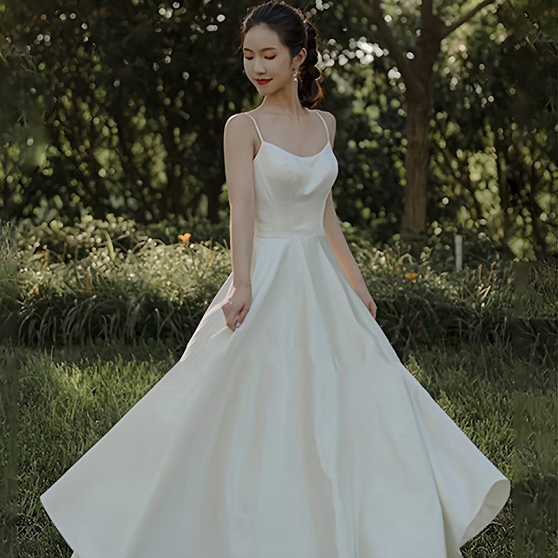 Cross-Border Dress Wholesale Satin White Suspender Small Evening Dress for Women Banquet Birthday Bride Wedding Travel Photography Slimming