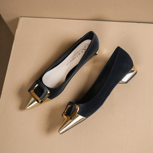 222-29 new small style color matching low heel shoes Korean metal color matching square buckle pointed toe shallow mouth shoes