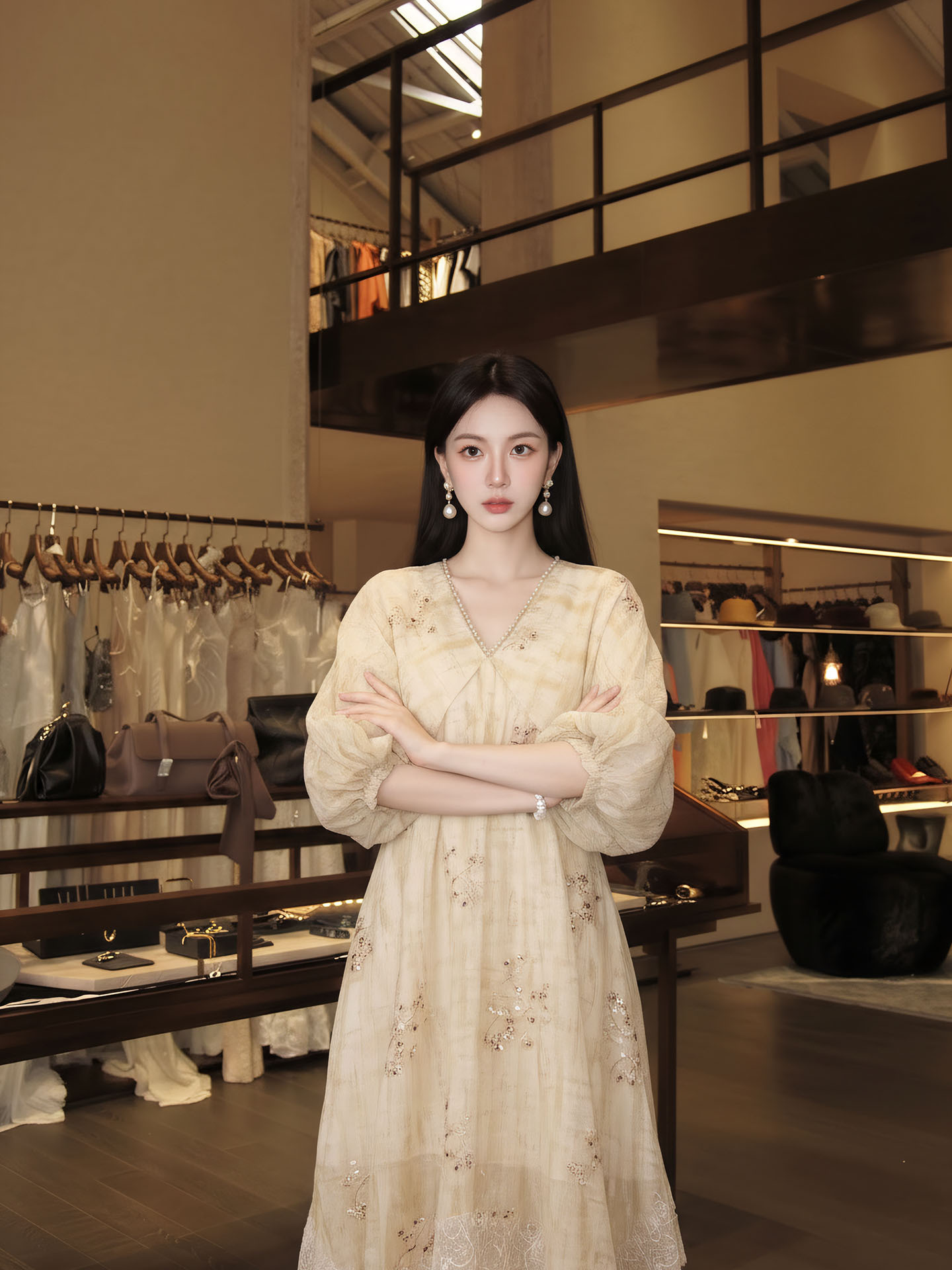 Đầm maxi nữ thắt eo phong cách Tân Trung Hoa, tay ngắn, cổ viền ren, thêu hoa tinh tế — màu trắng ngà