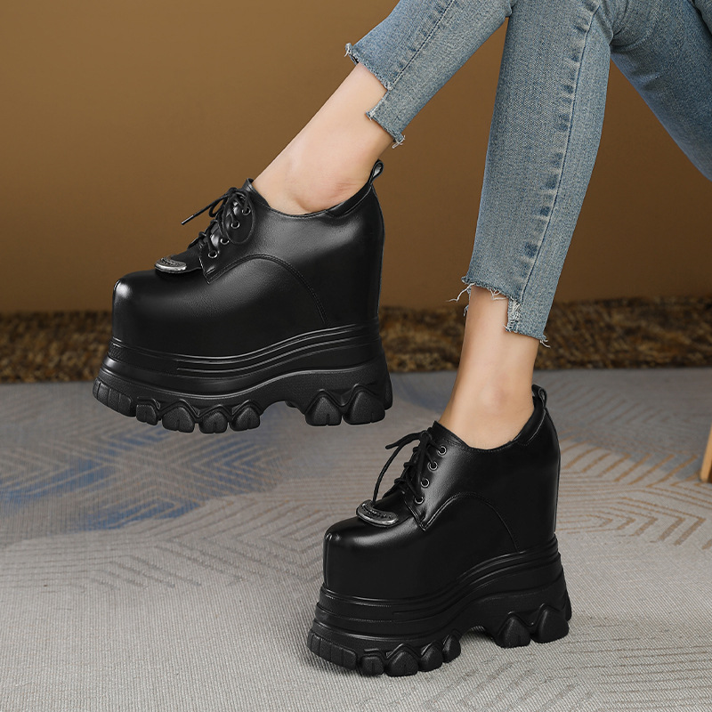 Giày nữ đế xuồng platform da thật cổ điển, gót 16 cm tăng chiều cao — màu đen