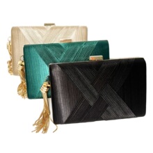 外贸跨境丝滑缎布编织流苏晚宴手拿女包 链条宴会手提单肩女包