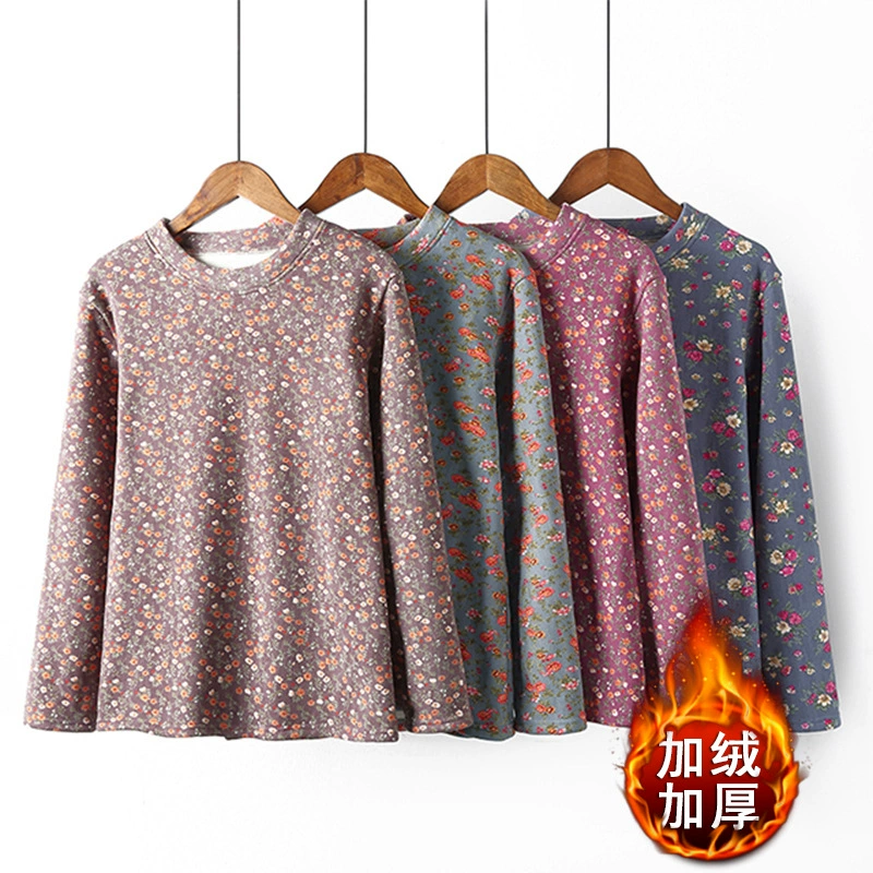 Бабушка осенняя теплая футболка топ пожилой зимней одежды