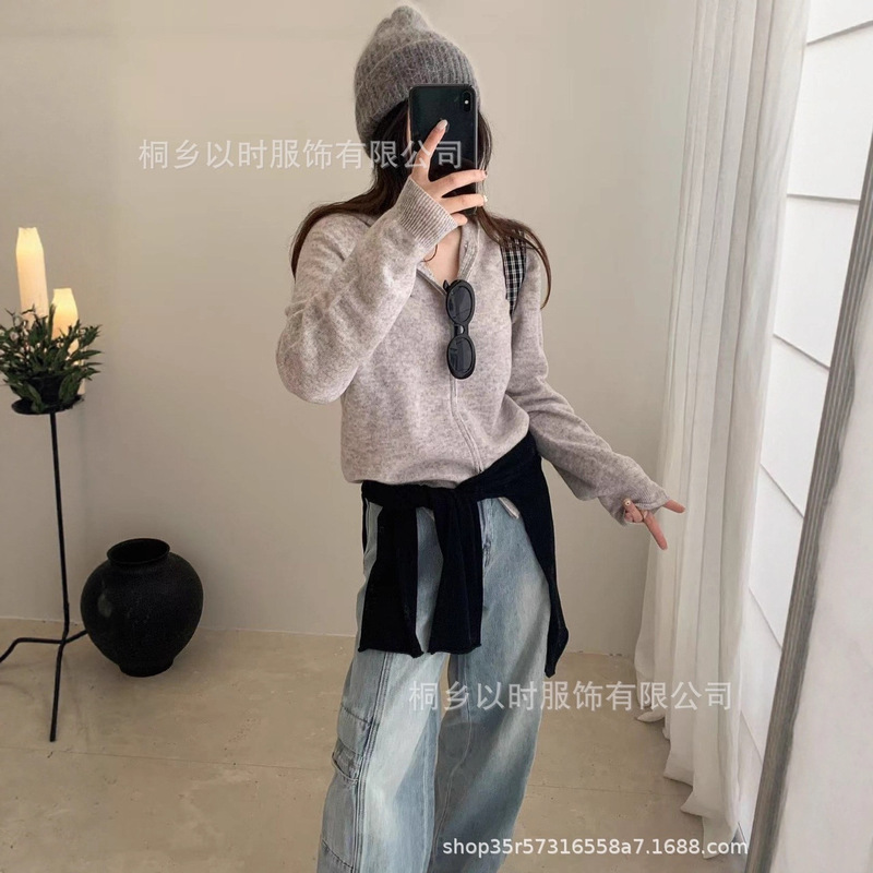 以时 25秋冬新款百分百全羊毛针织小开衫 森系连帽双头连外套 女|undefined