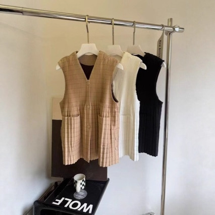 Nanyou High Version Niche Pleated Elegant Slim Cotton Vest/Elastic Waist Plaid Pleated Skirt Suit