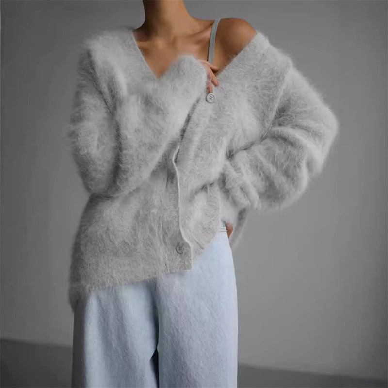 2025跨境欧美外贸仿貂毛针织开衫女慵懒风宽松软糯V领毛衣外套女