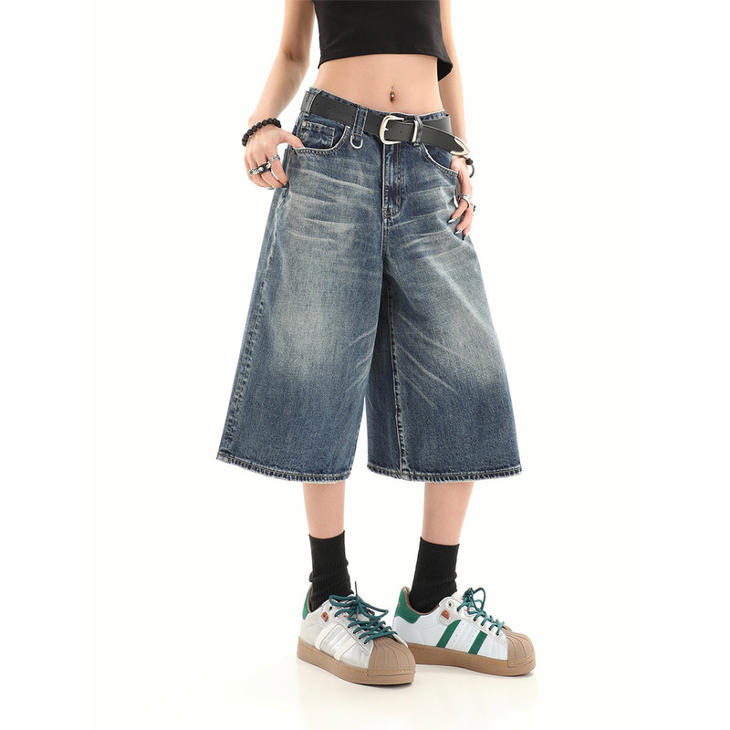 American Retro Loose Profile Washed Old Cropped Denim Shorts Women's Summer High Street Design Wide Leg Pants