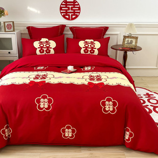 Wholesale Simple Wedding Four-Piece Set Big Red Red Flower Wedding Quilt Cover Bed Sheets New Wedding Room Wedding Bedding