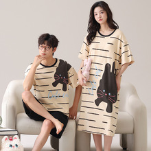 2025夏季新品跨境爆款纯棉【女裙带胸垫】情侣睡衣短袖男女家居服