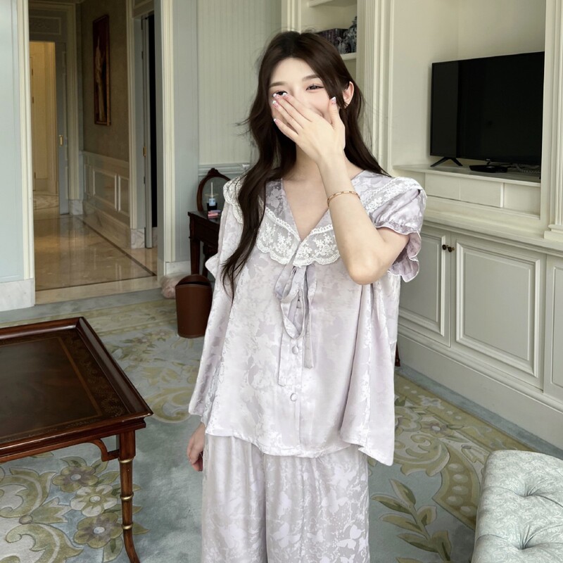 [French Butter] Short-sleeved Pants Summer New Jacquard Butterfly Pajamas Women's Doll Collar Cute Age-reducing Home Clothes