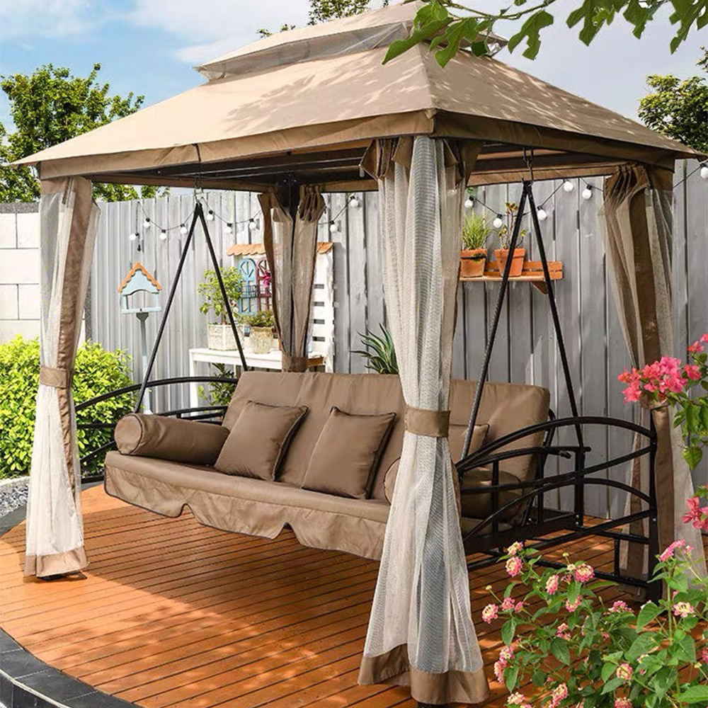 Silla de balancín al aire libre para sentarse y acostarse, doble uso para tres personas para aumentar el patio jardín cama de hamaca de ocio de hierro forjado