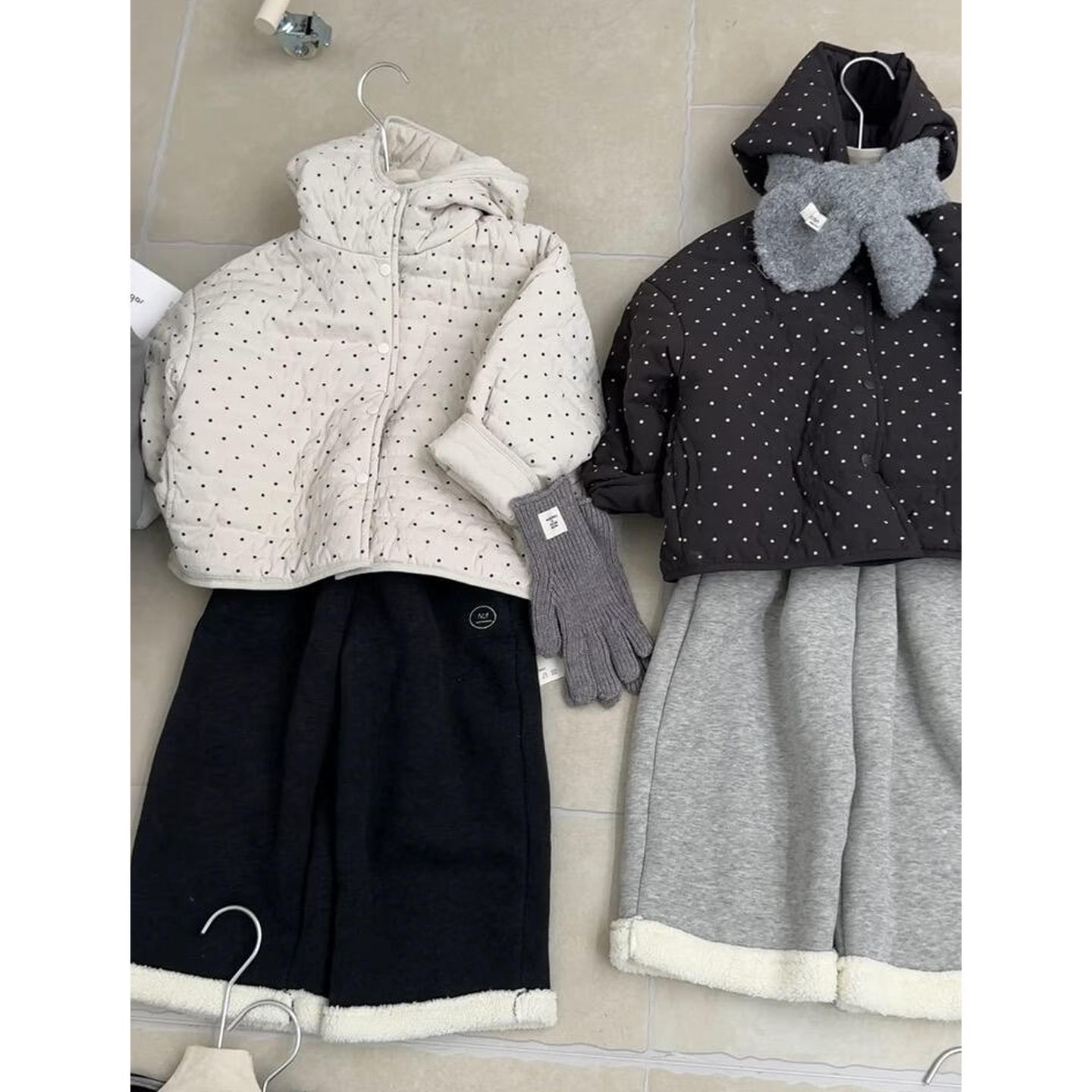 女童棉服冬装新款儿童百搭波点连帽两面穿棉袄女孩加绒休闲裤