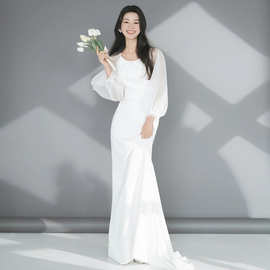 韩式轻婚纱气质简约白色长袖缎面礼服新娘结婚订婚超仙迎宾出门纱