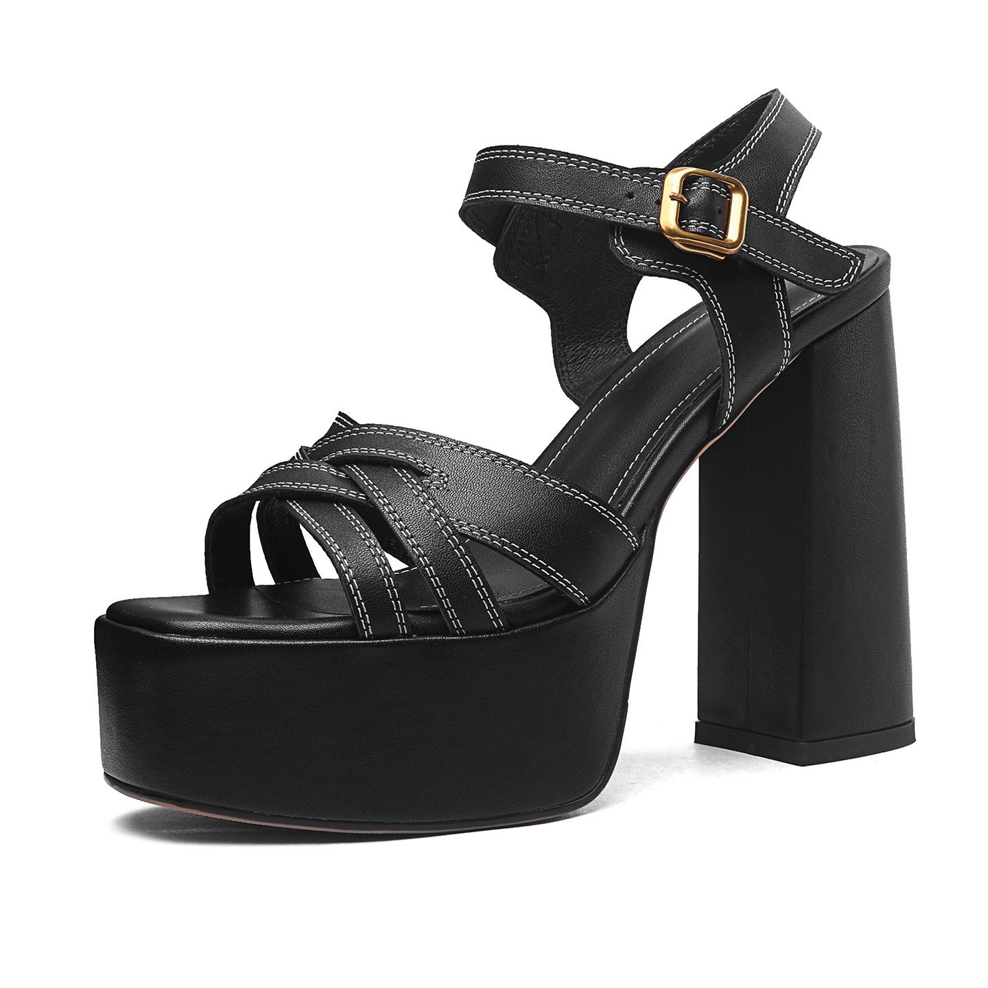 Sandal cao gót nữ hở mũi quai ngang một chữ, gót thô đế dày 12.5 cm — Da bò trắng gạo chi tiết 19