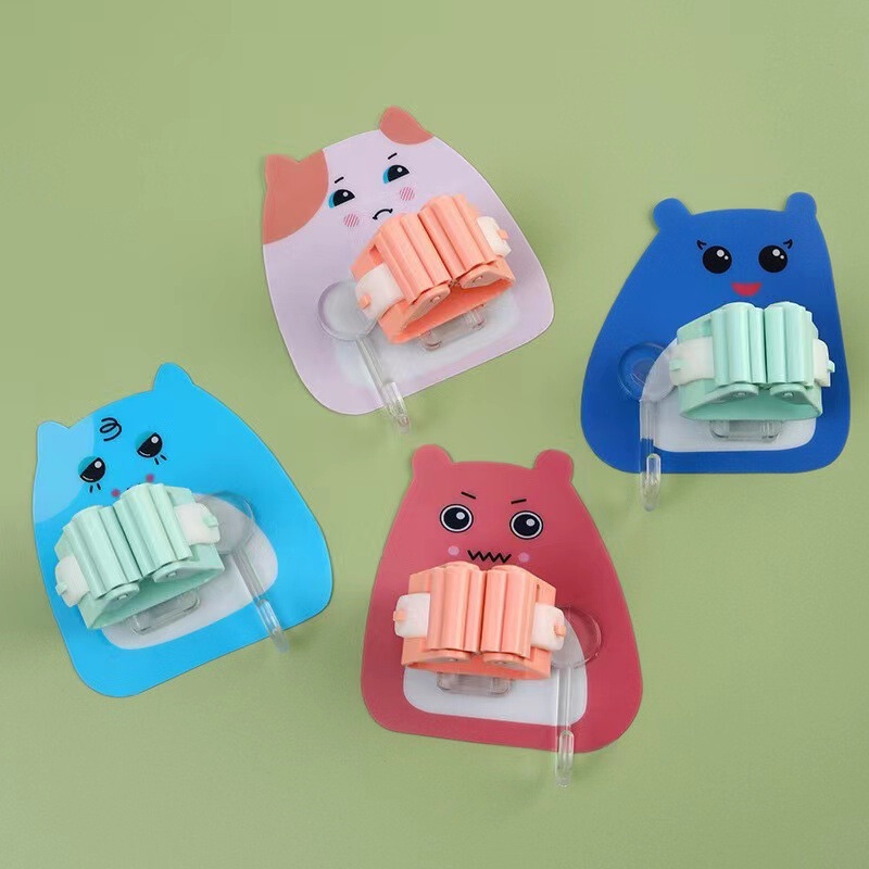 Cartoon Mop Holder, No-Drill Bathroom Broom Clip Wall-Mounted Storage Rack, Adhesive Hook Mop Hook Wall Mount