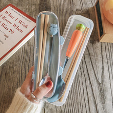 木质筷子不锈钢勺子餐具两件套装可爱创意便携学生外带收纳餐具盒