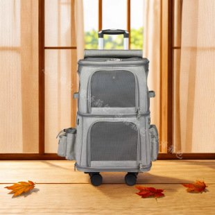 Cross-Border Double-Layer Pet Trolley Box Cat Bag with Large Capacity for Two Outings to Beautify and Multiple Windows, Breathable and Foldable Pet Bag