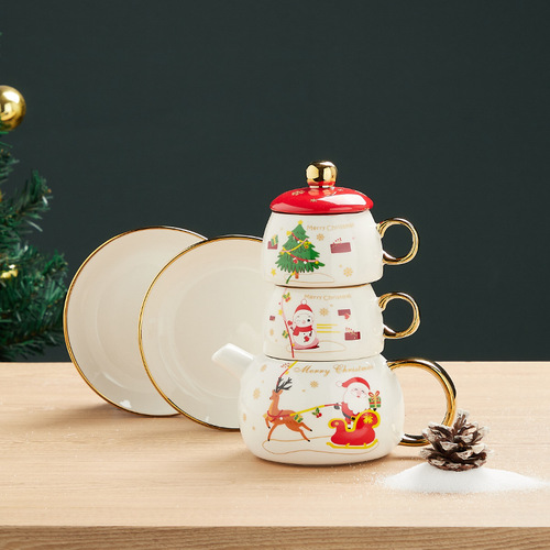 Amazon Best-Selling Gold Plated Tea Set Christmas Gift One Pot Two Cups Ins Christmas Teapot Set 