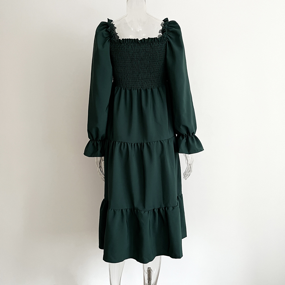 Smocking Dress Ruffled Square Collar Flared Sleeve Layered Large Swing Dress Women Women Clothing