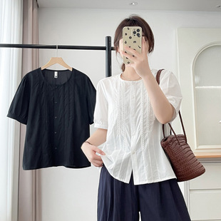 2025 Summer Pure Cotton Shirt Short-Sleeved Plus Size Women's Lace Cardigan Round Neck Fat mm Shirt Elegant Niche 2546