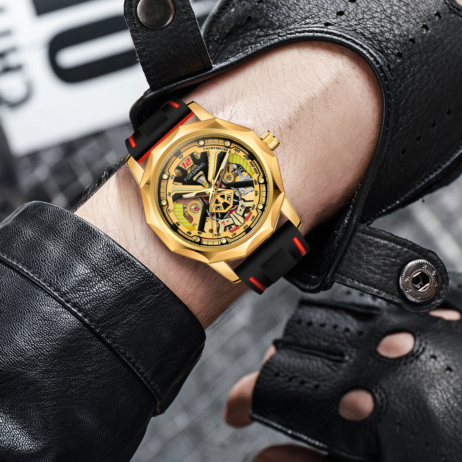Orologio meccanico a carica manuale da uomo FORSINING con cinturino in gomma scheletrato e cassa trasparente._voghion.com