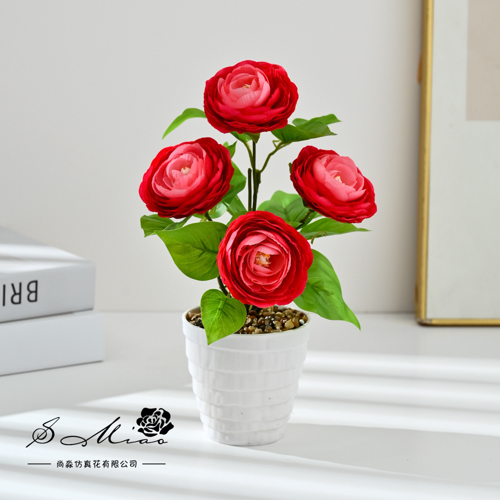 Transfronterizos 4 camellia pequeña imitación bonsai maceta flores falsas props de fotografía flores artificiales boda decoración del hogar adornos