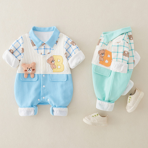 Baby Spring New Double Cartoon Onesie for Newborn Boys, Autumn/Winter Comfort Korean Style Crawling Suit