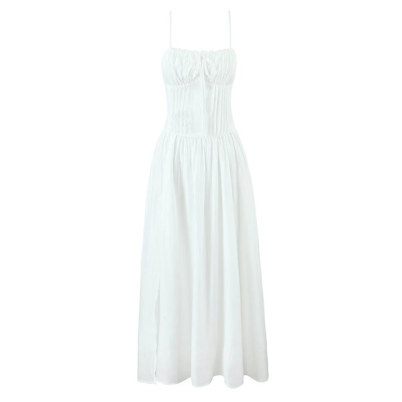 Pure White Beach Vacation Waist Sling dress Women's French High-end Elegant Lace-edge Lace-up Long Dress