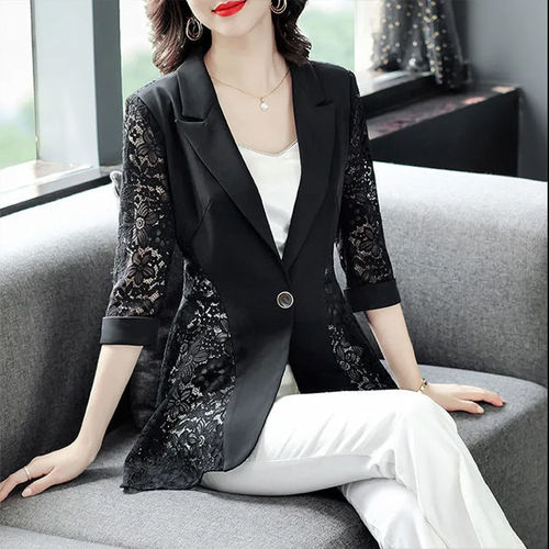 Trendy petite blazer, thin seven-quarter sleeve jacket for women—new summer style, lace-matched, fashionable, elegant, slim-fit cardigan for outerwear.