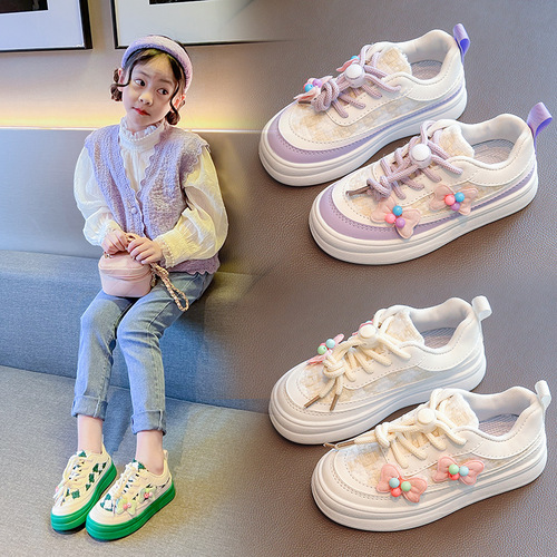 Girls sneakers 2024 spring and autumn new children's shoes Korean style cute little flower candy bow children's casual shoes