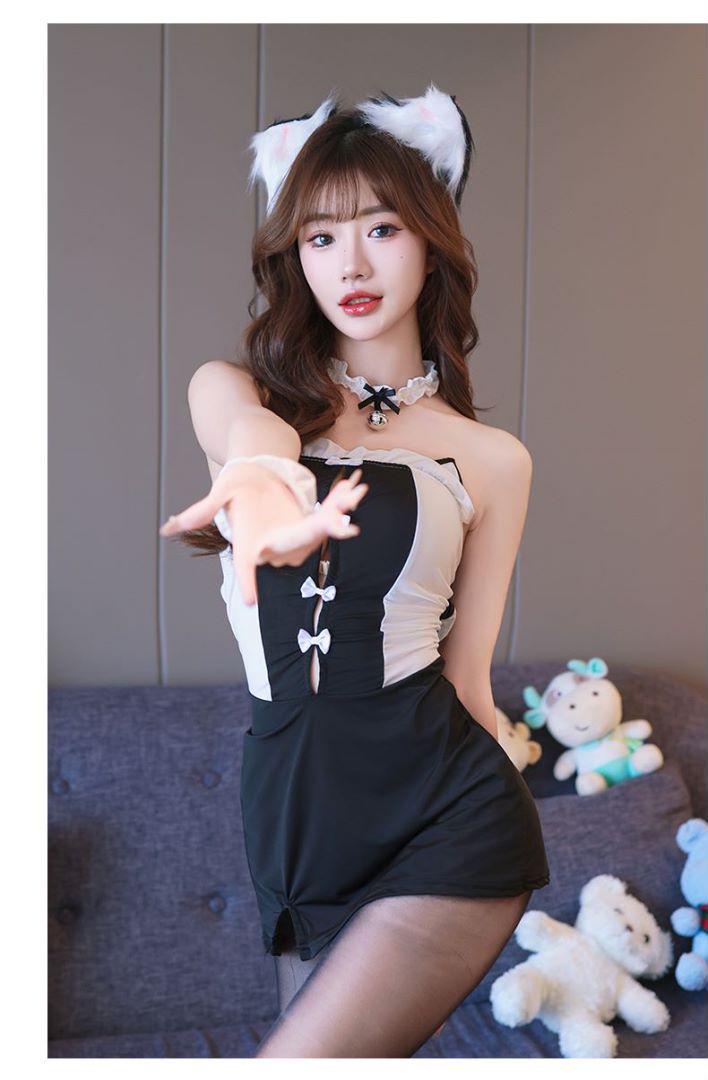 Cat Girl Maid Costume Set with Hip Skirt, Cat Ears and Connected Stockings — detail image 8