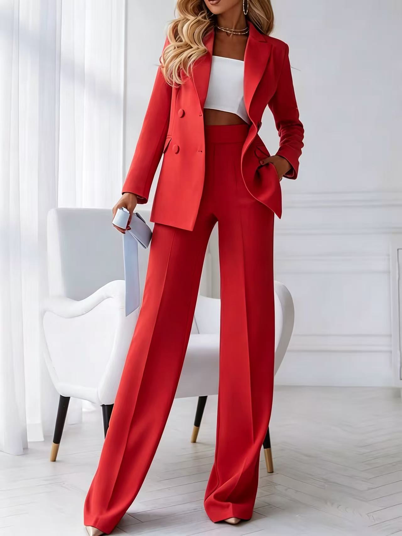 Women's Clothing Professional Elegant Two Piece Set Style High End Women's Suit Set Double Breasted Lapel High Waisted Wide Leg Trousers_ecoleips.com