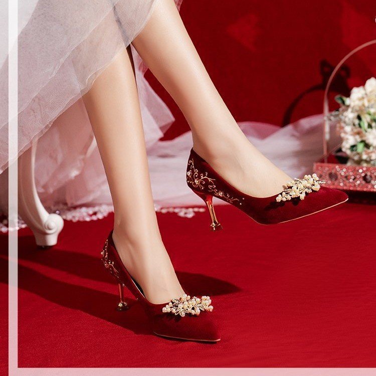 High Heels 2024 New Shoes Red Xiuhe Wedding Shoes Wedding Dress Pearl Embroidered Shoes Two-Wear Wedding Women's Shoes Brocade