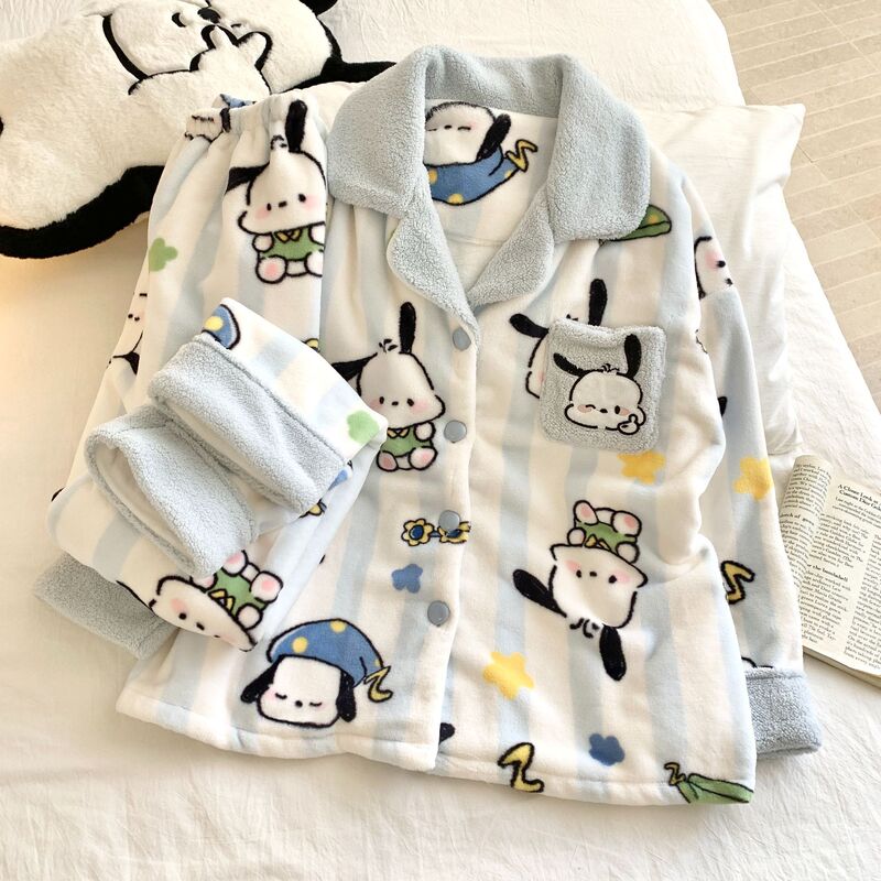 Heavy Weight Flannel Pajamas for Women Winter Cardigan Style Cute Cartoon Kappa Dog Girls Home Wear Set Can Be Worn Outside